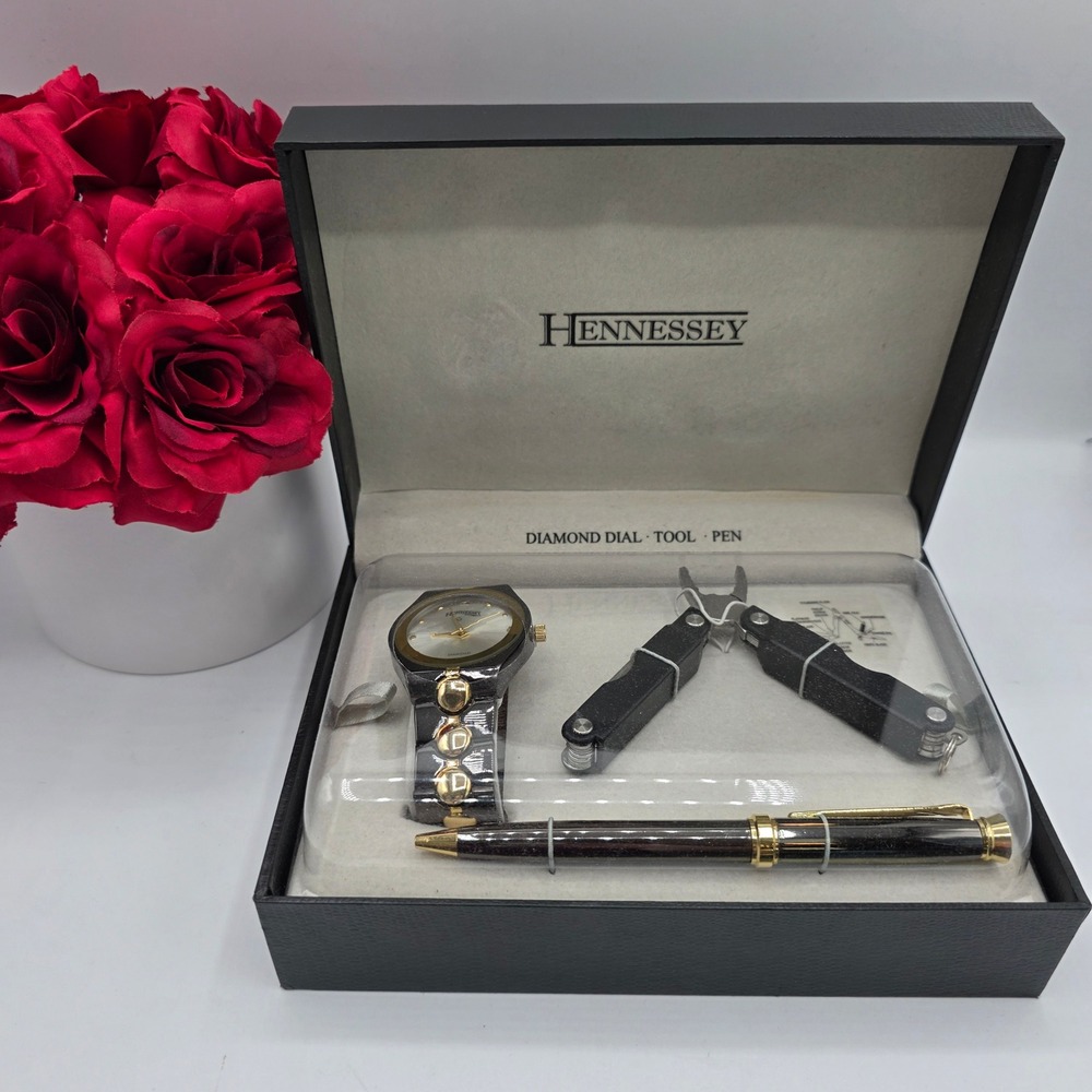 Hennessey Mens Gift Set Diamond Dial Watch Multi-tool w/ Pen Black Gold Tone New - Picture 1 of 13